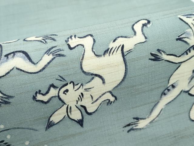平和屋着物＊極上 夏物 九寸名古屋帯 藍 手描き 鳥獣戯画 深川鼠色地 麻 逸品 CZAA3062s5