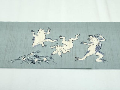 平和屋着物＊極上 夏物 九寸名古屋帯 藍 手描き 鳥獣戯画 深川鼠色地 麻 逸品 CZAA3062s5