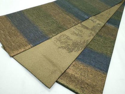 平和屋着物●極上 両面 太鼓柄袋帯 スリーシーズン 春夏秋 刺繍 納戸 鳥獣戯画 金糸 逸品 CZAA3079s5