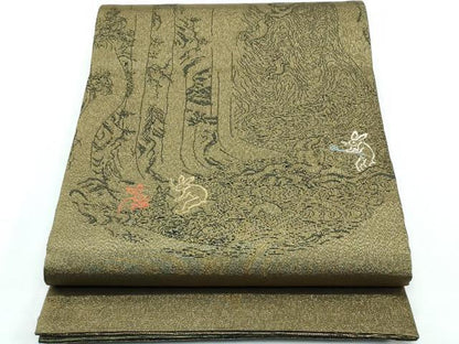 平和屋着物●極上 両面 太鼓柄袋帯 スリーシーズン 春夏秋 刺繍 納戸 鳥獣戯画 金糸 逸品 CZAA3079s5