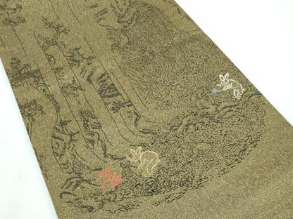 平和屋着物●極上 両面 太鼓柄袋帯 スリーシーズン 春夏秋 刺繍 納戸 鳥獣戯画 金糸 逸品 CZAA3079s5