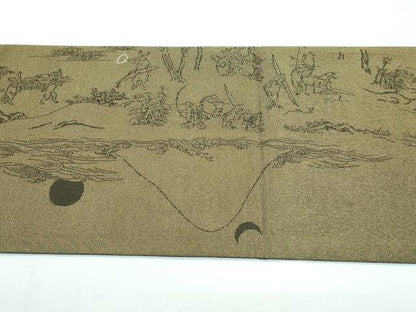 平和屋着物●極上 両面 太鼓柄袋帯 スリーシーズン 春夏秋 刺繍 納戸 鳥獣戯画 金糸 逸品 CZAA3079s5