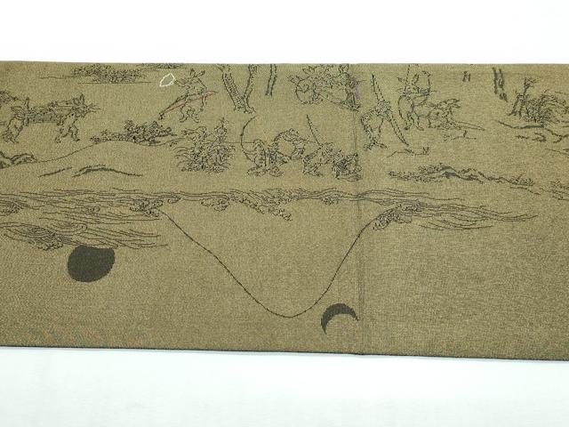 平和屋着物●極上 両面 太鼓柄袋帯 スリーシーズン 春夏秋 刺繍 納戸 鳥獣戯画 金糸 逸品 CZAA3079s5