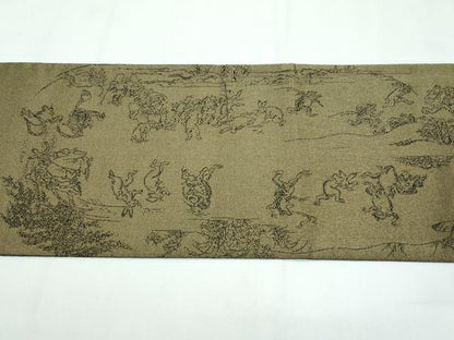 平和屋着物●極上 両面 太鼓柄袋帯 スリーシーズン 春夏秋 刺繍 納戸 鳥獣戯画 金糸 逸品 CZAA3079s5