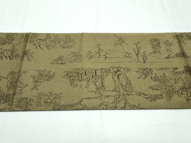 平和屋着物●極上 両面 太鼓柄袋帯 スリーシーズン 春夏秋 刺繍 納戸 鳥獣戯画 金糸 逸品 CZAA3079s5