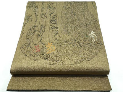 平和屋着物●極上 両面 太鼓柄袋帯 スリーシーズン 春夏秋 刺繍 黄丹 鳥獣戯画 金糸 逸品 CZAA3080s5