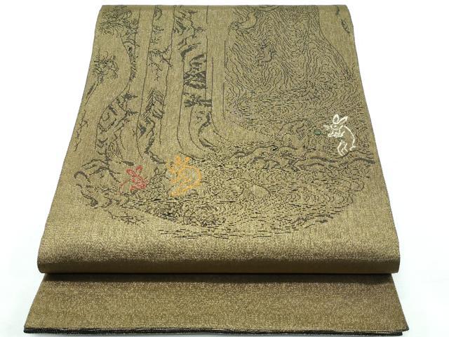 平和屋着物●極上 両面 太鼓柄袋帯 スリーシーズン 春夏秋 刺繍 黄丹 鳥獣戯画 金糸 逸品 CZAA3080s5