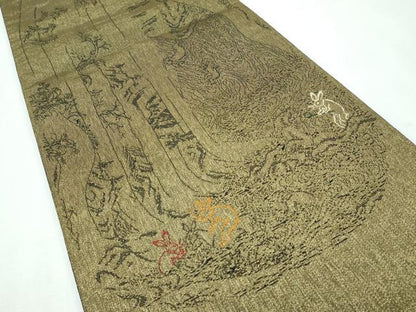 平和屋着物●極上 両面 太鼓柄袋帯 スリーシーズン 春夏秋 刺繍 黄丹 鳥獣戯画 金糸 逸品 CZAA3080s5