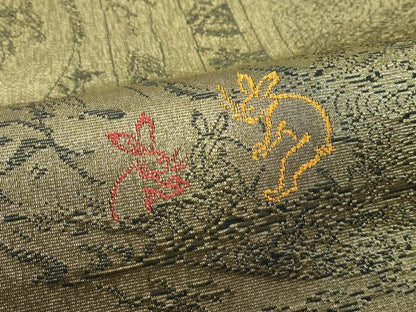 平和屋着物●極上 両面 太鼓柄袋帯 スリーシーズン 春夏秋 刺繍 黄丹 鳥獣戯画 金糸 逸品 CZAA3080s5