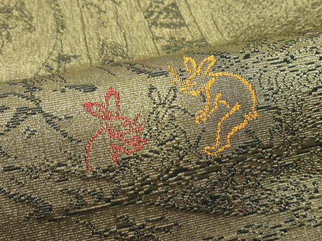 平和屋着物●極上 両面 太鼓柄袋帯 スリーシーズン 春夏秋 刺繍 黄丹 鳥獣戯画 金糸 逸品 CZAA3080s5