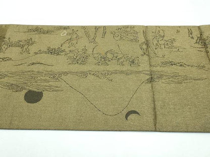 平和屋着物●極上 両面 太鼓柄袋帯 スリーシーズン 春夏秋 刺繍 黄丹 鳥獣戯画 金糸 逸品 CZAA3080s5