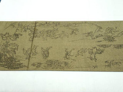 平和屋着物●極上 両面 太鼓柄袋帯 スリーシーズン 春夏秋 刺繍 黄丹 鳥獣戯画 金糸 逸品 CZAA3080s5