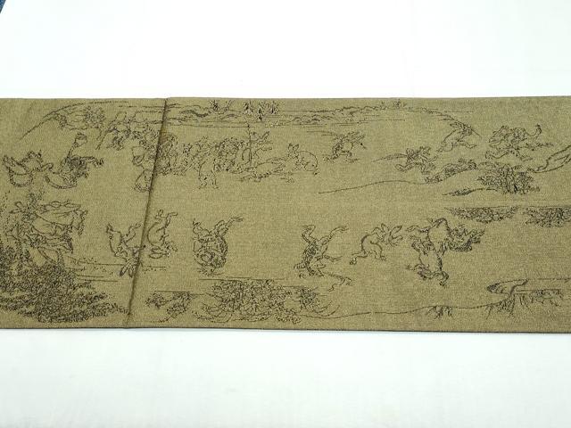 平和屋着物●極上 両面 太鼓柄袋帯 スリーシーズン 春夏秋 刺繍 黄丹 鳥獣戯画 金糸 逸品 CZAA3080s5