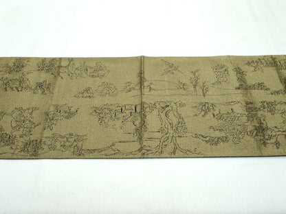 平和屋着物●極上 両面 太鼓柄袋帯 スリーシーズン 春夏秋 刺繍 黄丹 鳥獣戯画 金糸 逸品 CZAA3080s5