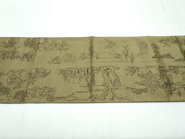 平和屋着物●極上 両面 太鼓柄袋帯 スリーシーズン 春夏秋 刺繍 黄丹 鳥獣戯画 金糸 逸品 CZAA3080s5