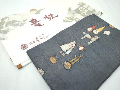 平和屋着物●極上　銀座もとじ　九寸名古屋帯　作家物　手描き　馬　人物　器物　銀通し地　墨色地　たとう紙付　逸品　未使用　CZAA3087s5