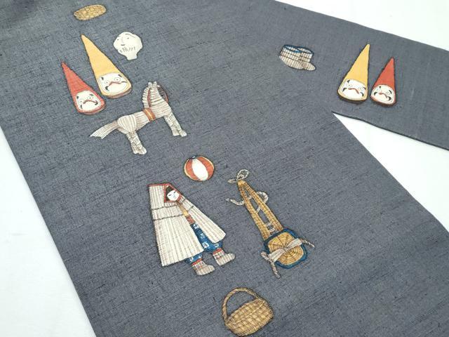 平和屋着物●極上　銀座もとじ　九寸名古屋帯　作家物　手描き　馬　人物　器物　銀通し地　墨色地　たとう紙付　逸品　未使用　CZAA3087s5