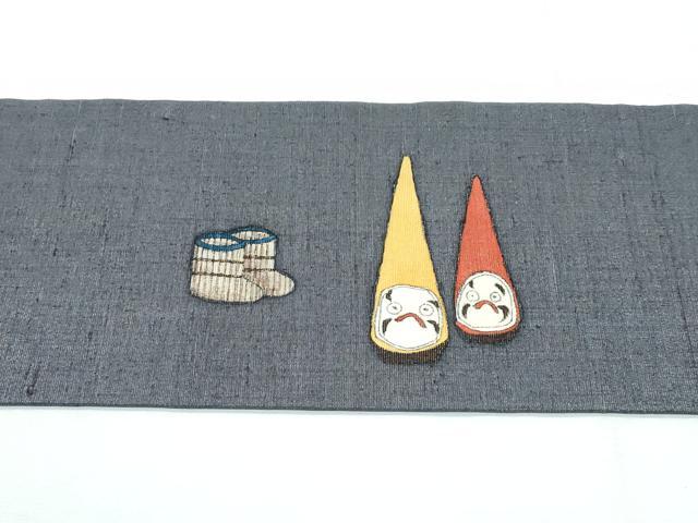 平和屋着物●極上　銀座もとじ　九寸名古屋帯　作家物　手描き　馬　人物　器物　銀通し地　墨色地　たとう紙付　逸品　未使用　CZAA3087s5