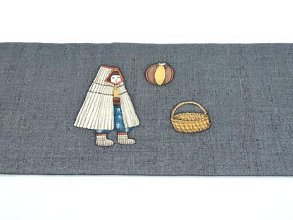 平和屋着物●極上　銀座もとじ　九寸名古屋帯　作家物　手描き　馬　人物　器物　銀通し地　墨色地　たとう紙付　逸品　未使用　CZAA3087s5