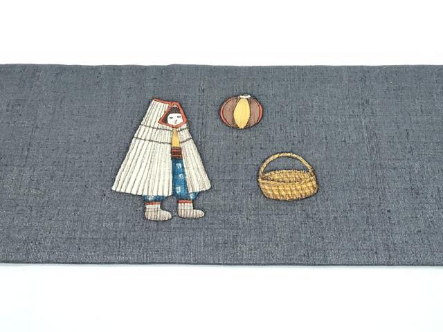 平和屋着物●極上　銀座もとじ　九寸名古屋帯　作家物　手描き　馬　人物　器物　銀通し地　墨色地　たとう紙付　逸品　未使用　CZAA3087s5