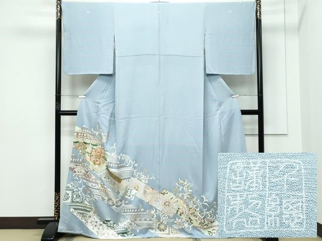 平和屋本店■極上　創業460年・千總　色留袖　刺繍　正倉院花唐草文　金彩　青磁鼠色地　高島屋扱い　逸品　CZAA3126s5