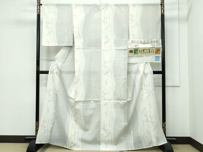 平和屋着物＊極上　夏物　本場真綿絢結城紬　夏結城　100亀甲　葡萄草木文　砥粉色地　証紙付き　逸品　未使用　CZAA3149s5