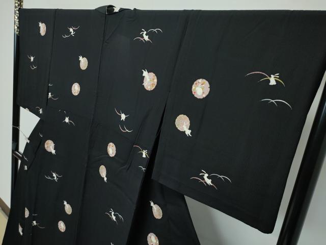 平和屋着物▽極上 金彩友禅 卓越技能者・名工・和田光正 小紋 単衣 兎 雪輪芝草文 黒地 金彩 逸品 CZAA3151s5