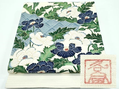 平和屋本店■超希少　夏物　東京友禅　久呂田明功　九寸開き名古屋帯　絽縮緬　牡丹　金彩　逸品　CZAA3174s5