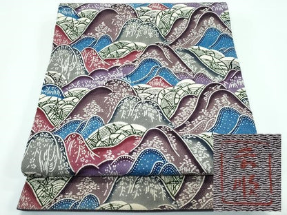 平和屋本店■最高級　城間栄順　本場琉球紅型　九寸開き名古屋帯　遠山文　鬼しぼ縮緬　逸品　CZAA3177s5