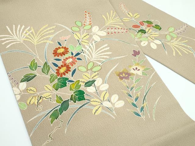 平和屋本店■極上　九寸名古屋帯　友禅　作家物　明美　駒刺繍　草花文　金彩　鬼しぼ縮緬　枯色地　逸品　未使用　CZAA3182s5
