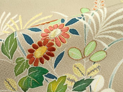 平和屋本店■極上　九寸名古屋帯　友禅　作家物　明美　駒刺繍　草花文　金彩　鬼しぼ縮緬　枯色地　逸品　未使用　CZAA3182s5