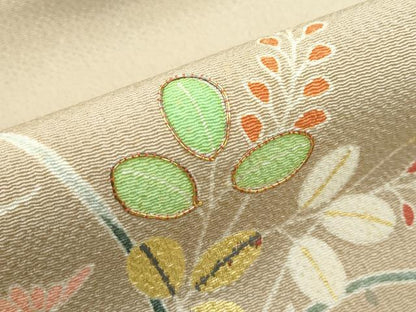 平和屋本店■極上　九寸名古屋帯　友禅　作家物　明美　駒刺繍　草花文　金彩　鬼しぼ縮緬　枯色地　逸品　未使用　CZAA3182s5