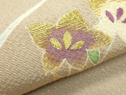 平和屋本店■極上　九寸名古屋帯　友禅　作家物　明美　駒刺繍　草花文　金彩　鬼しぼ縮緬　枯色地　逸品　未使用　CZAA3182s5