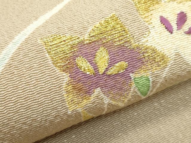 平和屋本店■極上　九寸名古屋帯　友禅　作家物　明美　駒刺繍　草花文　金彩　鬼しぼ縮緬　枯色地　逸品　未使用　CZAA3182s5