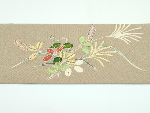 平和屋本店■極上　九寸名古屋帯　友禅　作家物　明美　駒刺繍　草花文　金彩　鬼しぼ縮緬　枯色地　逸品　未使用　CZAA3182s5