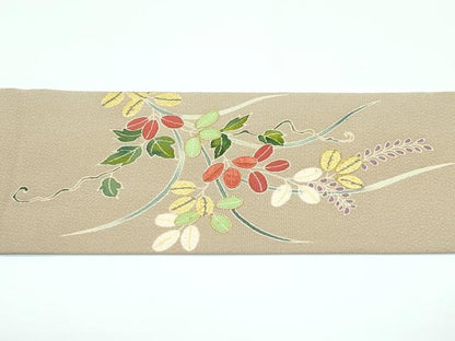 平和屋本店■極上　九寸名古屋帯　友禅　作家物　明美　駒刺繍　草花文　金彩　鬼しぼ縮緬　枯色地　逸品　未使用　CZAA3182s5