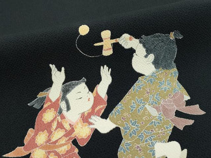 平和屋着物●極上 十日町友禅作家 関口遼一 九寸開き名古屋帯 童子遊び 黒地 鬼しぼ縮緬 逸品 CZAA3197s5