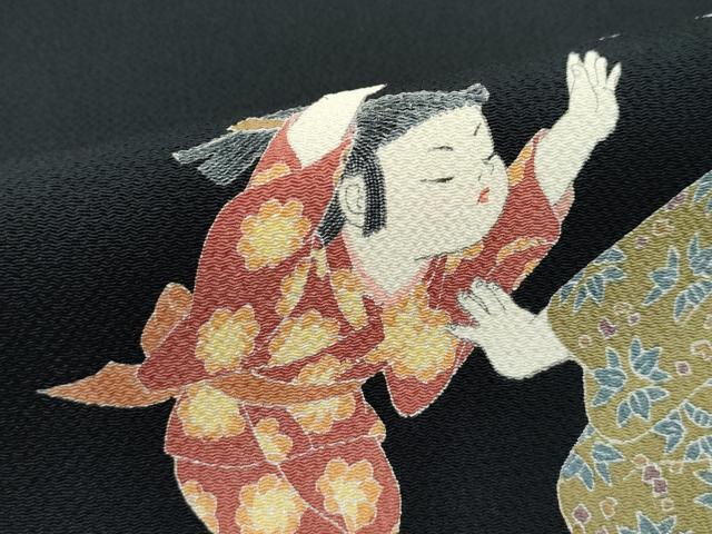 平和屋着物●極上 十日町友禅作家 関口遼一 九寸開き名古屋帯 童子遊び 黒地 鬼しぼ縮緬 逸品 CZAA3197s5