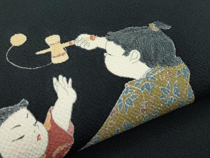 平和屋着物●極上 十日町友禅作家 関口遼一 九寸開き名古屋帯 童子遊び 黒地 鬼しぼ縮緬 逸品 CZAA3197s5