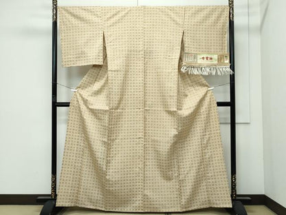 平和屋本店▽極上 石川県指定無形文化財 牛首紬 白山工房 手織り 単衣 幾何学文様 証紙付き 逸品 未使用 CZAA3200s5