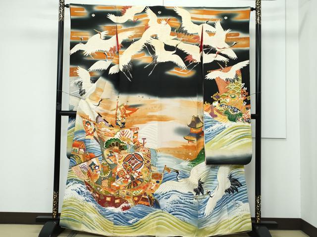 平和屋本店■極上　アンティーク　大正ロマン　振袖　駒刺繍　宝船飛鶴文　黒地　暈し染め　金彩　逸品　CZAA3246s5