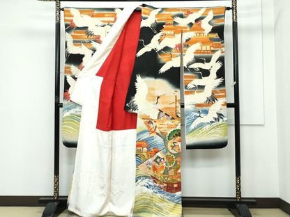 平和屋本店■極上　アンティーク　大正ロマン　振袖　駒刺繍　宝船飛鶴文　黒地　暈し染め　金彩　逸品　CZAA3246s5