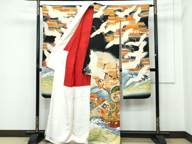 平和屋本店■極上　アンティーク　大正ロマン　振袖　駒刺繍　宝船飛鶴文　黒地　暈し染め　金彩　逸品　CZAA3246s5