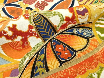 平和屋本店■極上　アンティーク　大正ロマン　振袖　駒刺繍　宝船飛鶴文　黒地　暈し染め　金彩　逸品　CZAA3246s5
