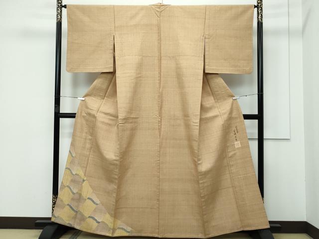 平和屋本店▽極上 伝統工芸士 曽根武勇 紅花紬 米沢 色留訪問着 単衣 瓦文様 路考茶色地 逸品 CZAA3254s5