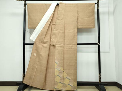 平和屋本店▽極上 伝統工芸士 曽根武勇 紅花紬 米沢 色留訪問着 単衣 瓦文様 路考茶色地 逸品 CZAA3254s5