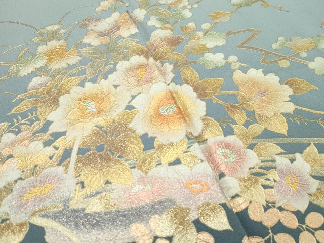 平和屋着物●極上　金彩友禅　卓越技能者・名工・和田光正　訪問着　草花文　暈し染め　金彩　青磁鼠色地　逸品　未使用　CZAA3259s5