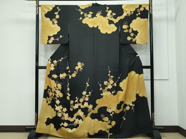 平和屋本店■最高級　訪問着　駒刺繍　雲取り枝梅文　黒地　本金箔　逸品　CZAA3262s5