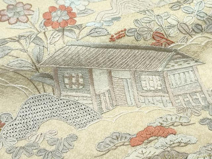 平和屋本店■極上　訪問着　総刺繍　中国三大刺繍　スワトウ相良刺繍　草花風景文　金糸　枯色地　逸品　CZAA3263s5