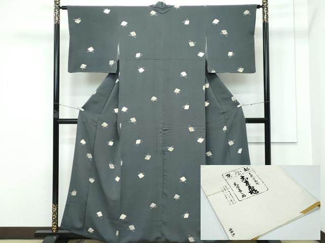 平和屋本店■極上　銀座　志ま亀　小紋　舞蝶文　消炭色地　たとう紙付き　逸品　CZAA3273s5